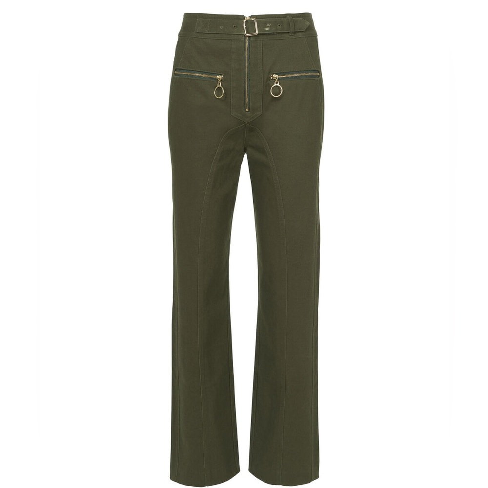 SELF-PORTRAIT ZIP-FRONT STRAIGHT-LEG COTTON-CANVAS TROUSERS KHAKI UK8 US4